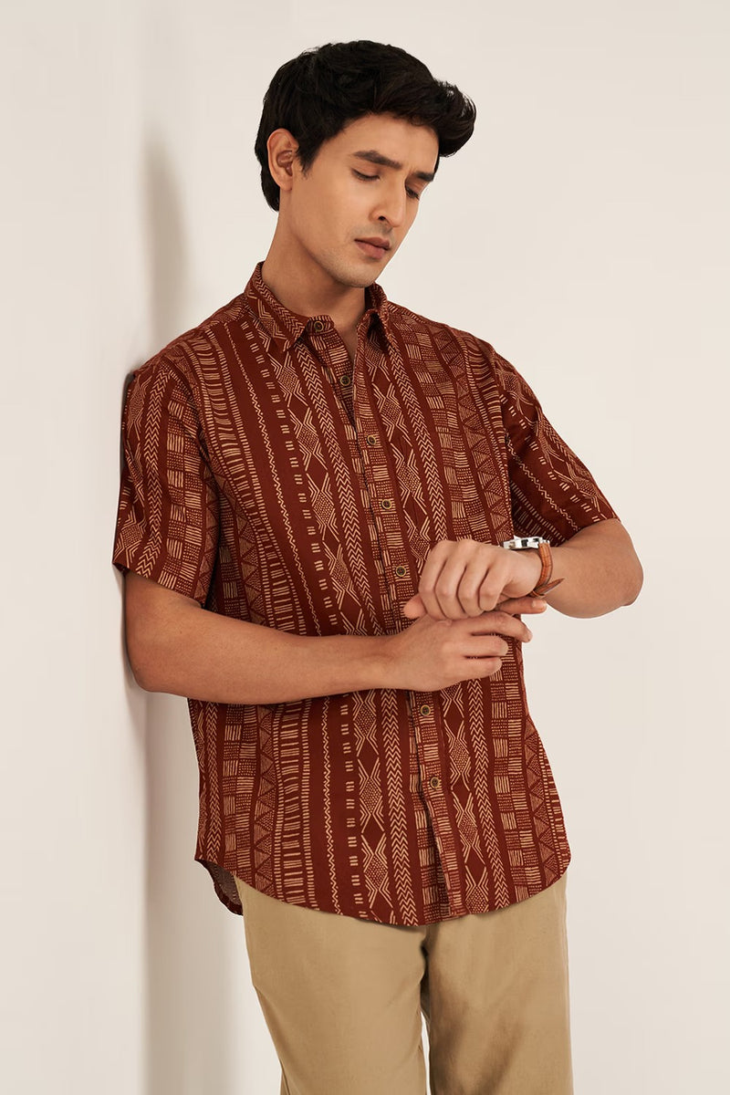Rust Printed Half-Sleeves Shirt Men