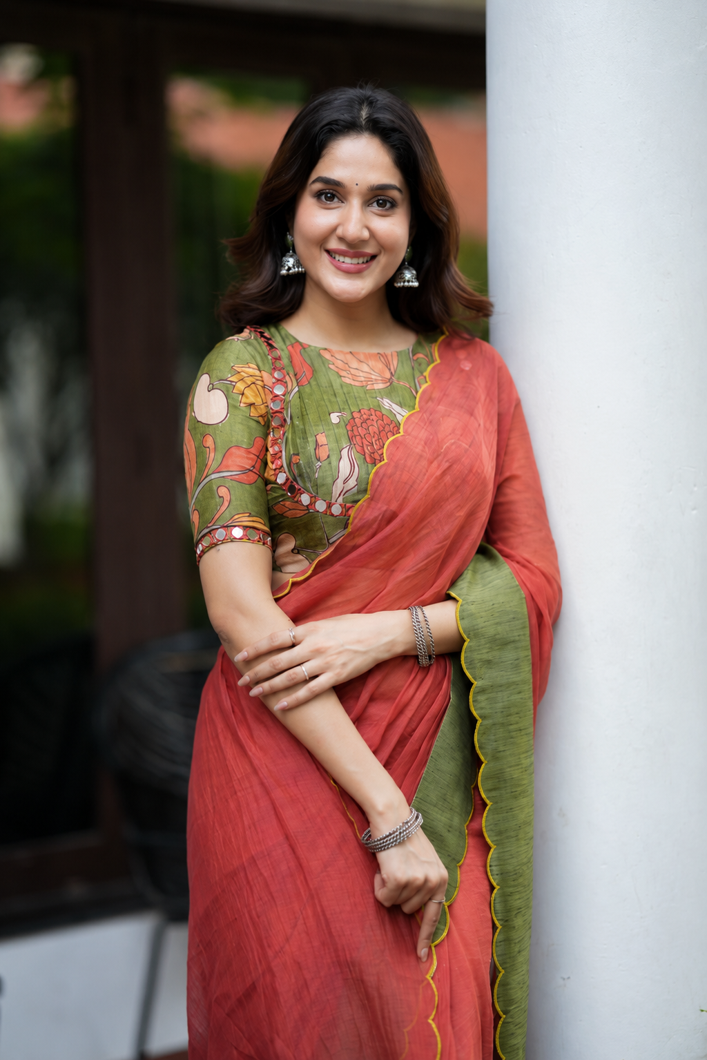 Rust Kalamkari Mirror Mul Cotton Saree with Blouse
