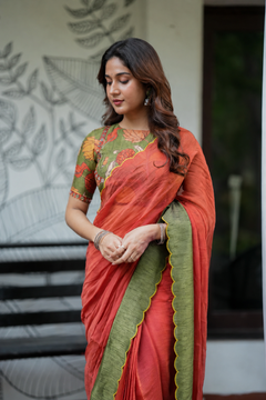 Rust Kalamkari Mirror Mul Cotton Saree with Blouse