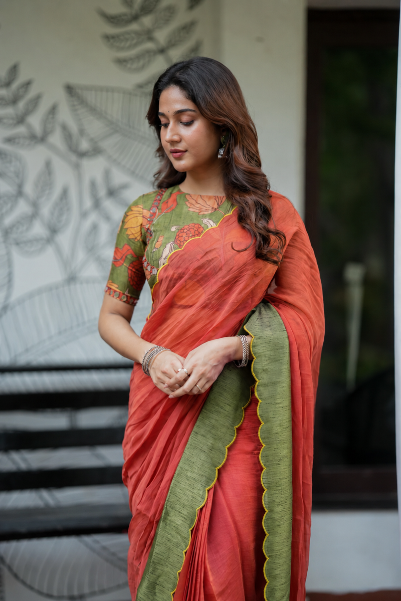 Rust Kalamkari Mirror Mul Cotton Saree with Blouse