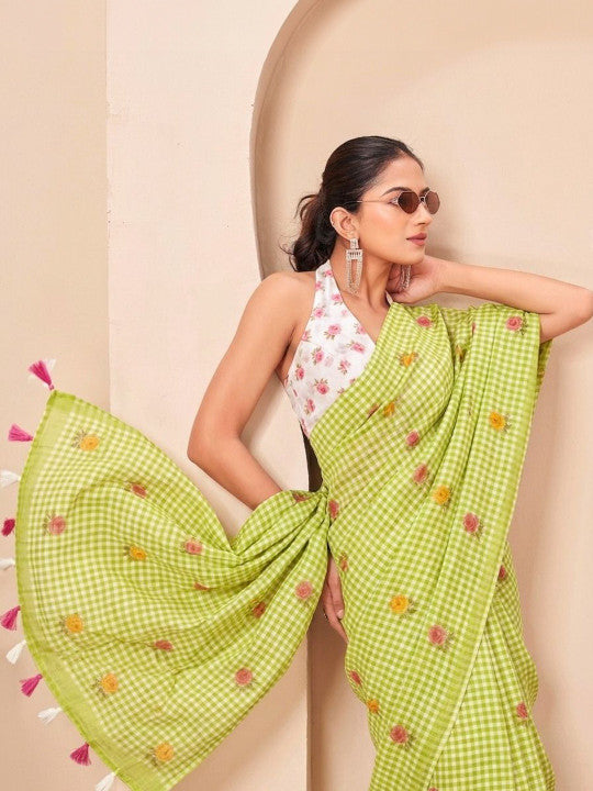 Silk  Floral Checked Woven Design Border Saree