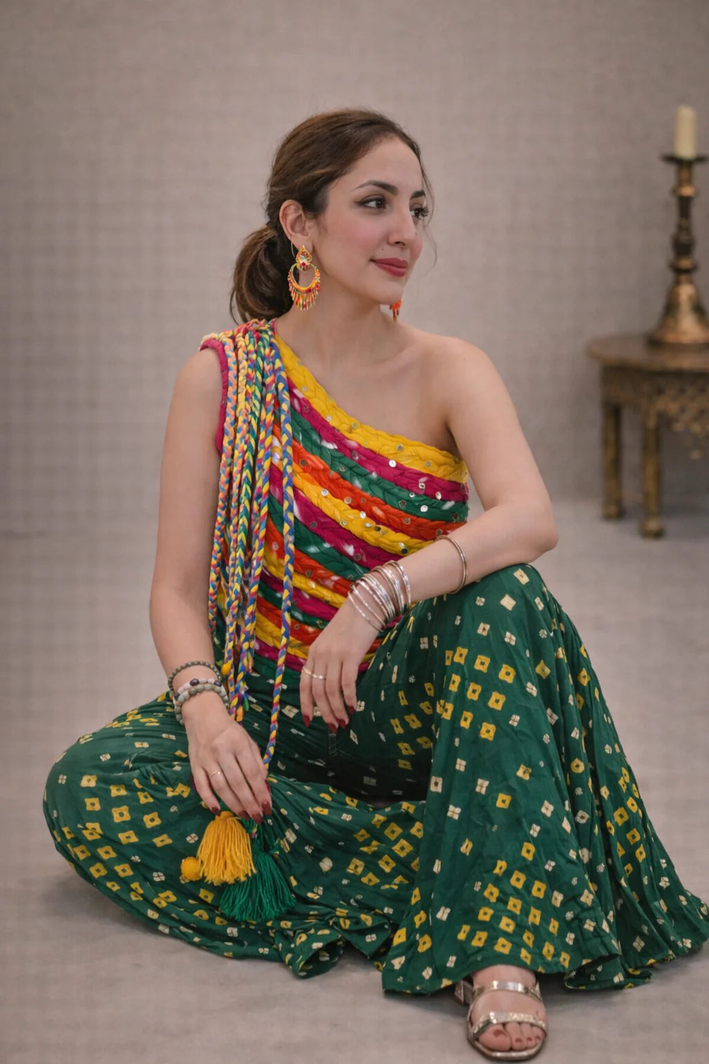 Sundown Multicolor One-Shoulder Bandhani Top with Green Sharara Set