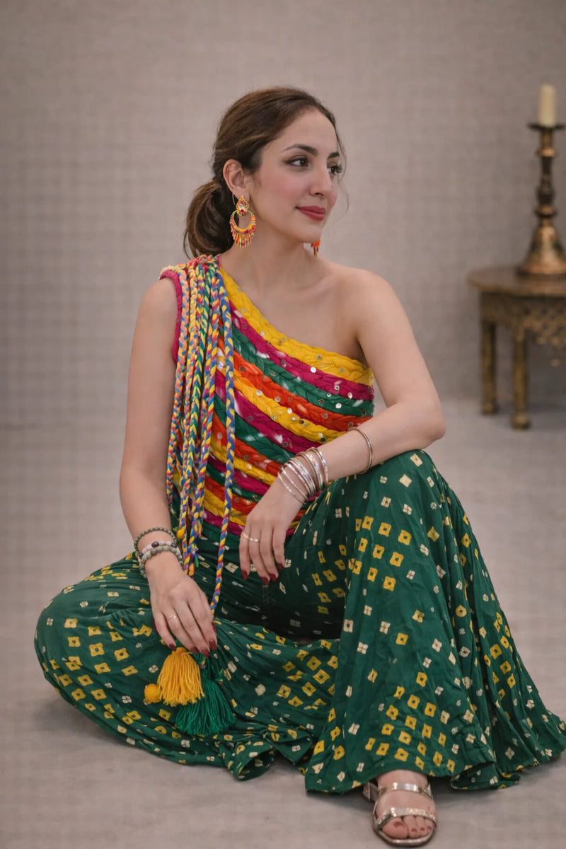 Sundown Multicolor One-Shoulder Bandhani Top with Green Sharara Set