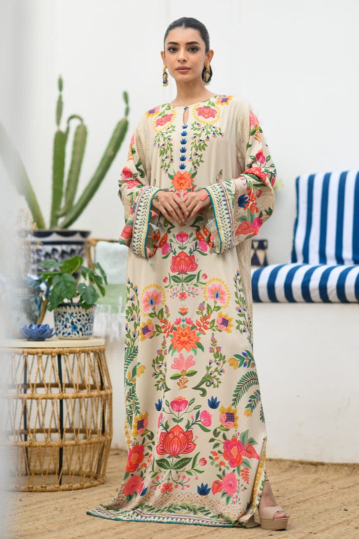 Ivory Blue Floral Printed Kaftan Dress