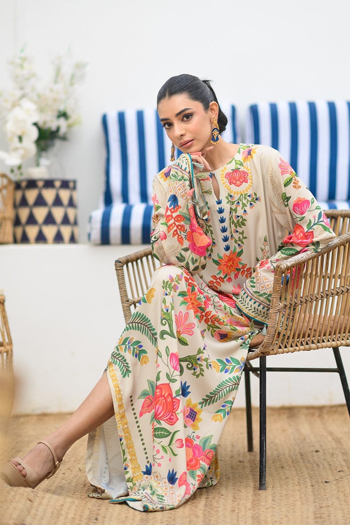 Ivory Blue Floral Printed Kaftan Dress