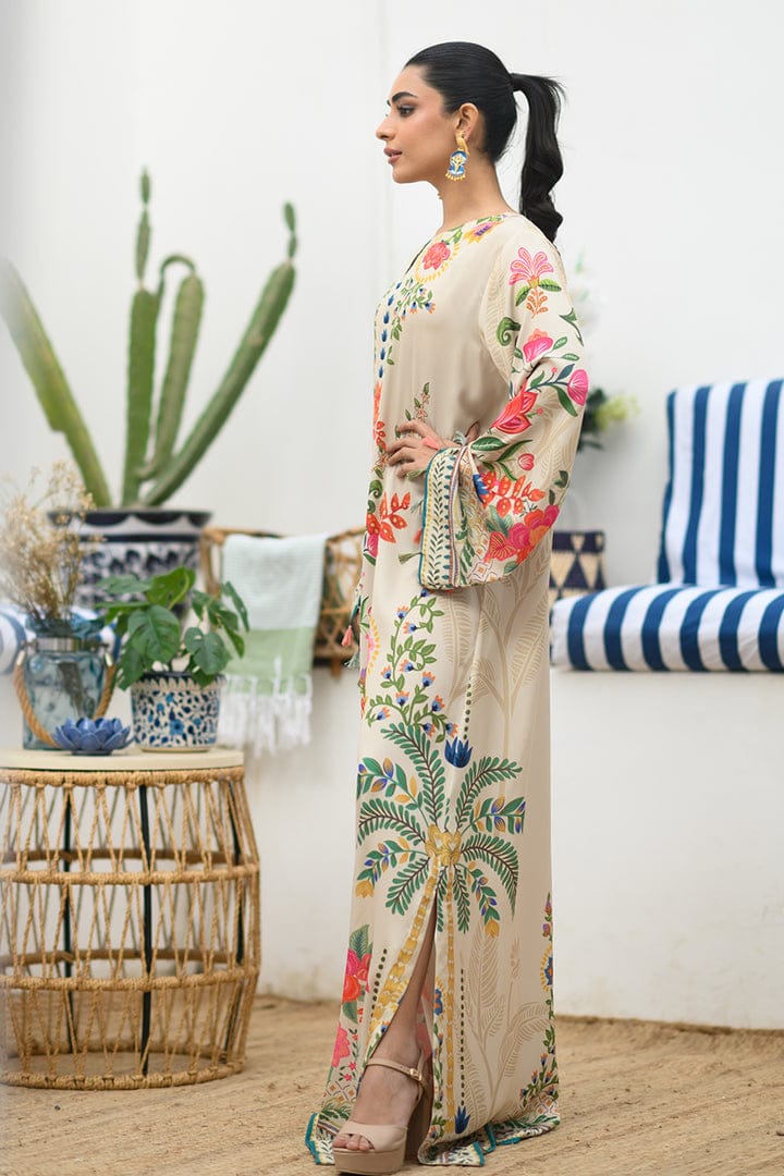 Ivory Blue Floral Printed Kaftan Dress