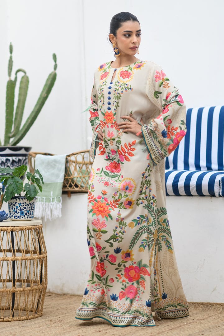 Ivory Blue Floral Printed Kaftan Dress