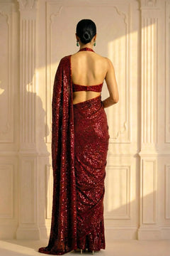 Crimson Red Sequin Saree with Halter Neck Stitched Blouse