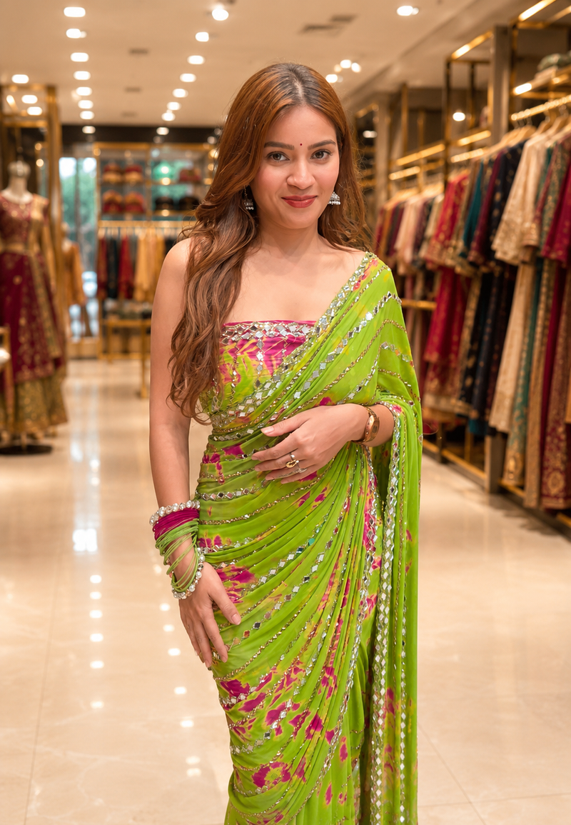 Premium Bandhej Handwork Pure Chiffon Saree