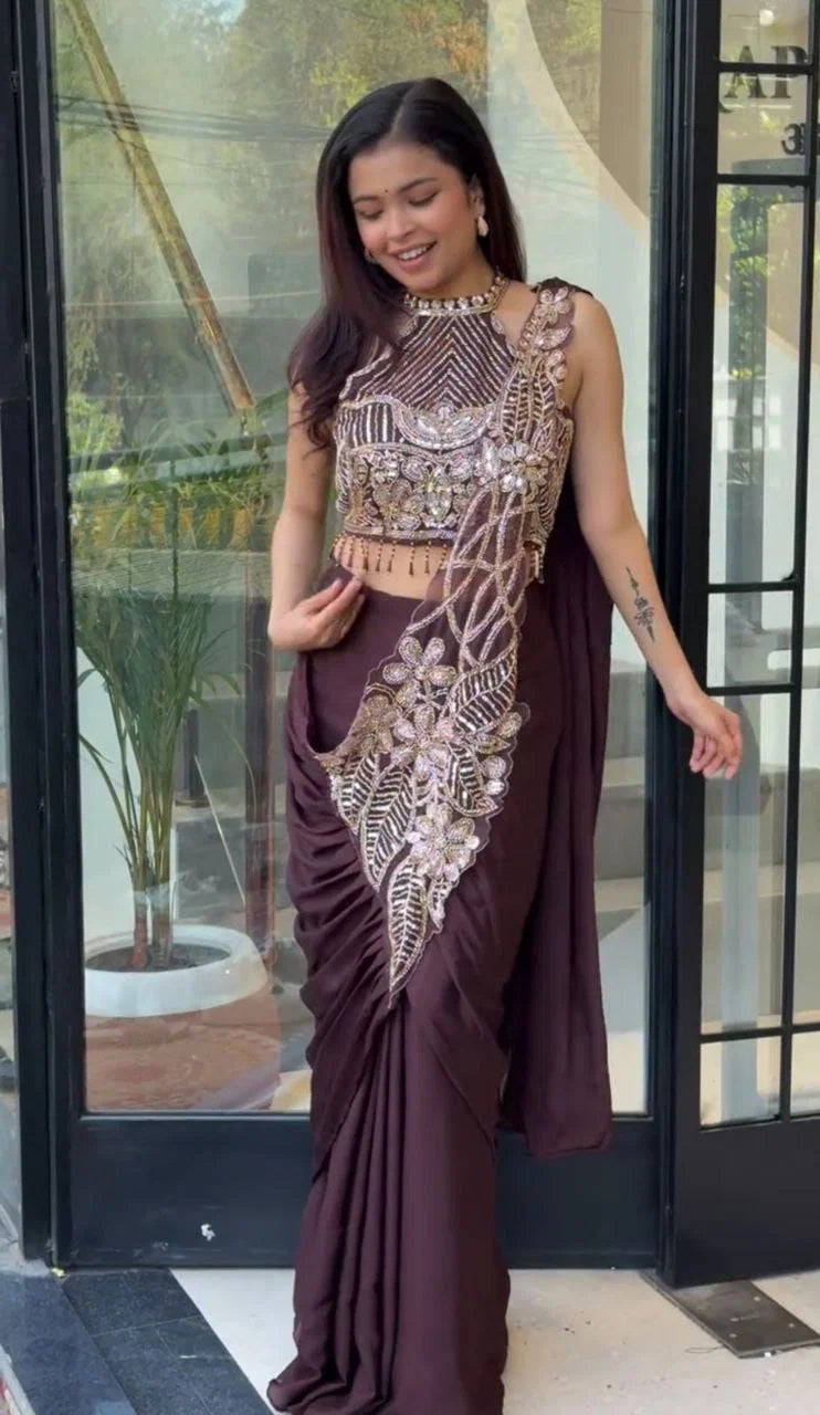 Noor Zahra Luxe Embroidered Saree (Ready-To-Wear) with Blouse