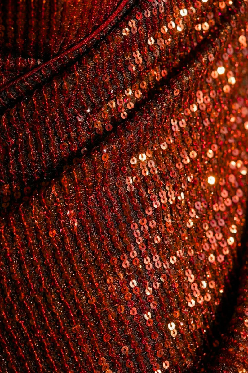 Crimson Red Sequin Saree with Halter Neck Stitched Blouse