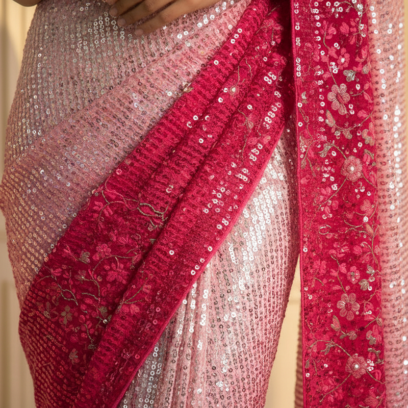 Blush Pink to Ruby Ombre Sequin Saree with Stitched Blouse