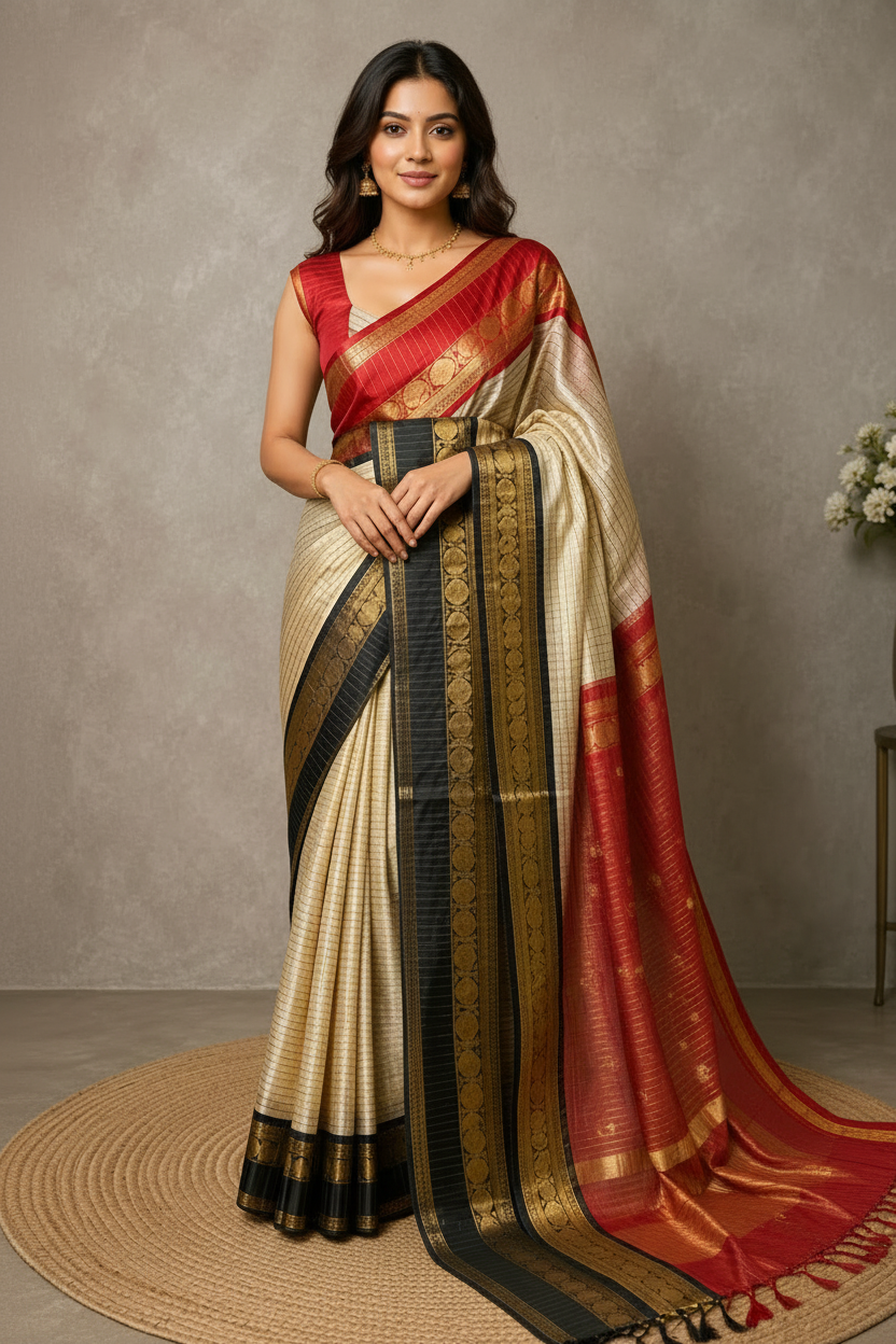 Crimson Semi Kanchipuram Silk Saree with Regal Zari Borders