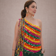 Sundown Multicolor One-Shoulder Bandhani Top with Green Sharara Set