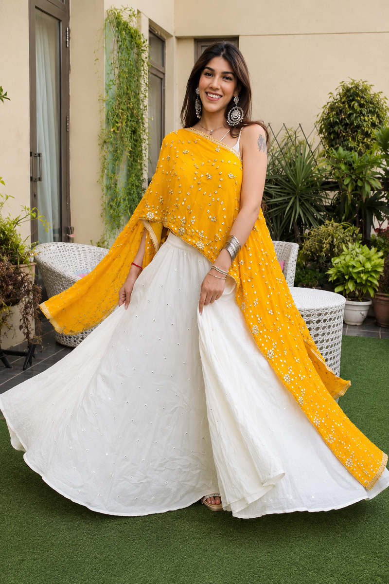 Sunshine Mustard Mirror Work Gaji Silk Cape with Ivory Sharara Set