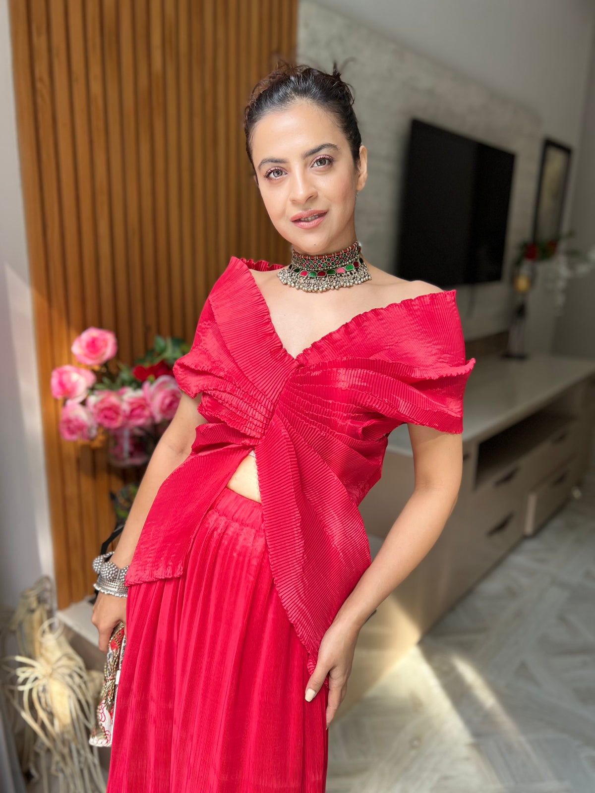 red silk top