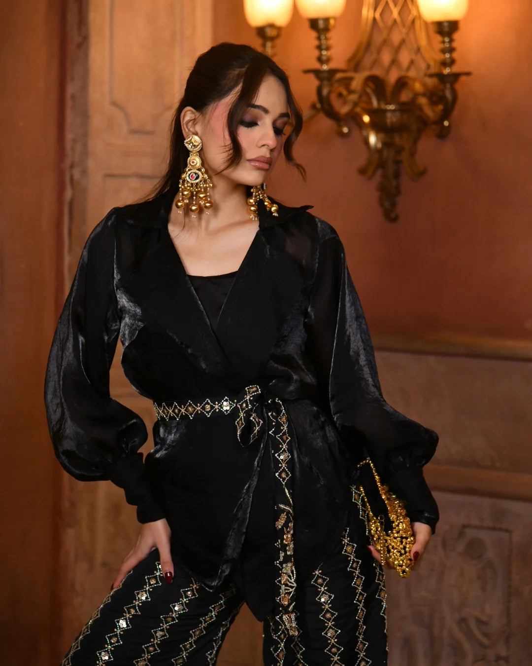 Noir Luxe Embroidered Silk Co-Ord Set