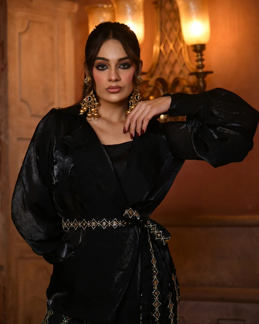 Noir Luxe Embroidered Silk Co-Ord Set