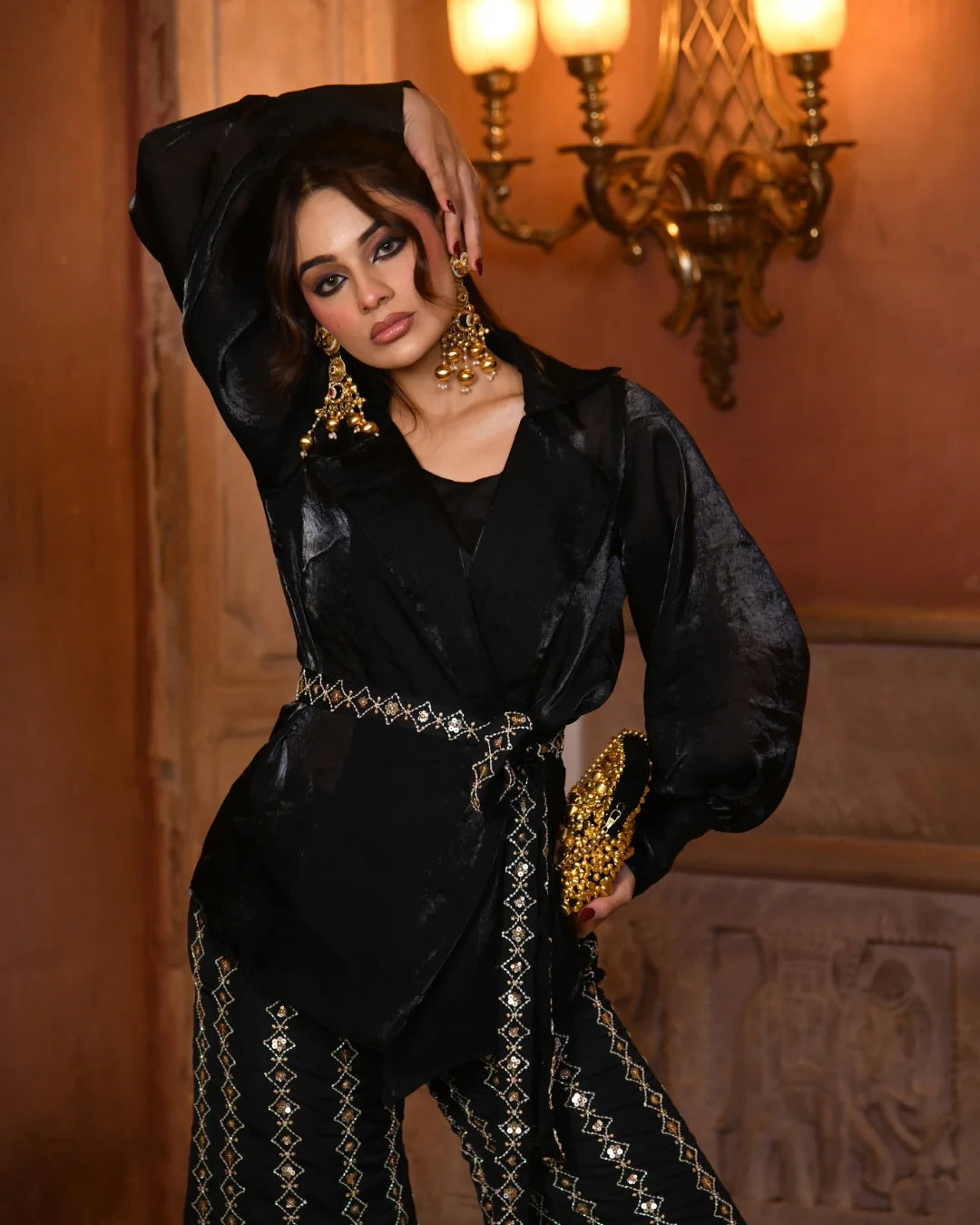Noir Luxe Embroidered Silk Co-Ord Set