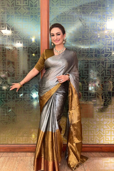 Silver and Gold Handwoven Tissue Saree