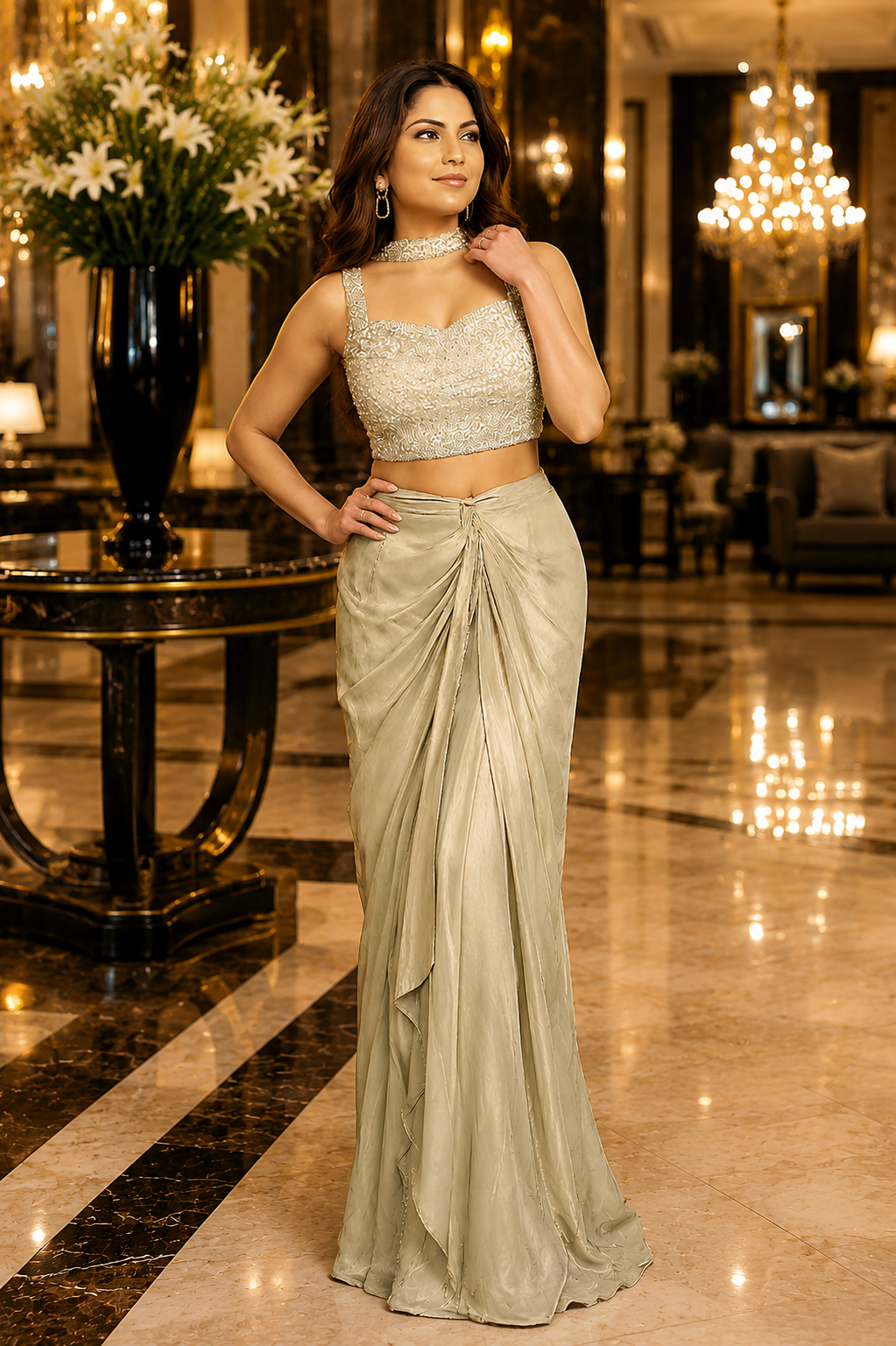 Bollywood Moonlit Glam Draped Ensemble Skirt Set