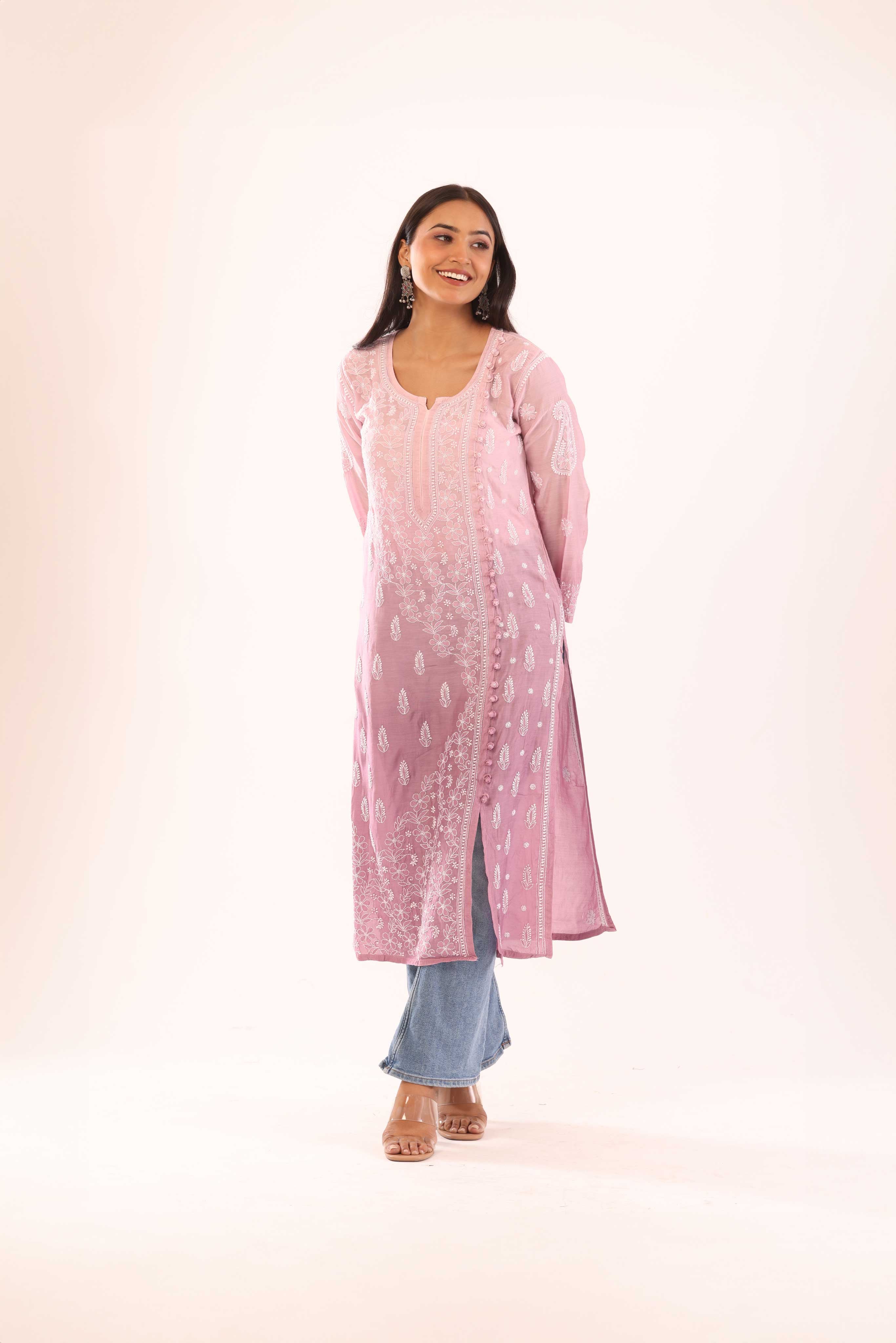 Soft Muslin Pink Chikankari Kurti