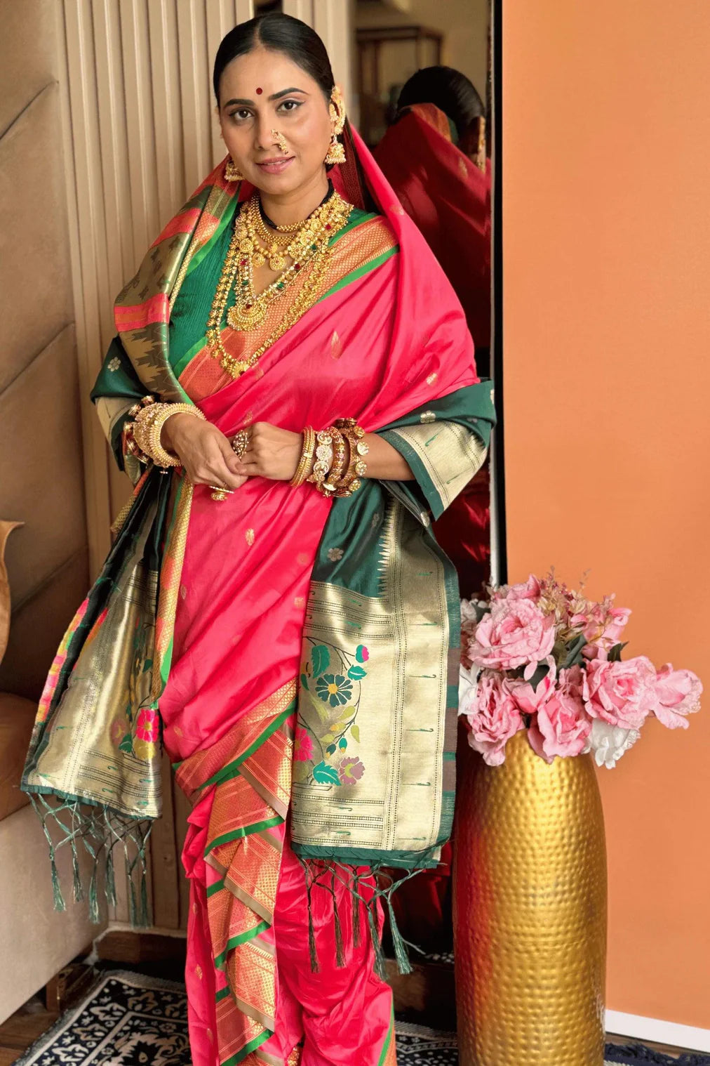 Soft Silk Pink Peshwai Nauvari  Ready to Wear Saree