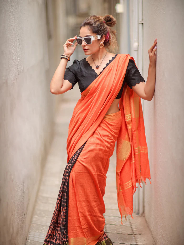 Coral Glow Soft Linen Quirky Saree