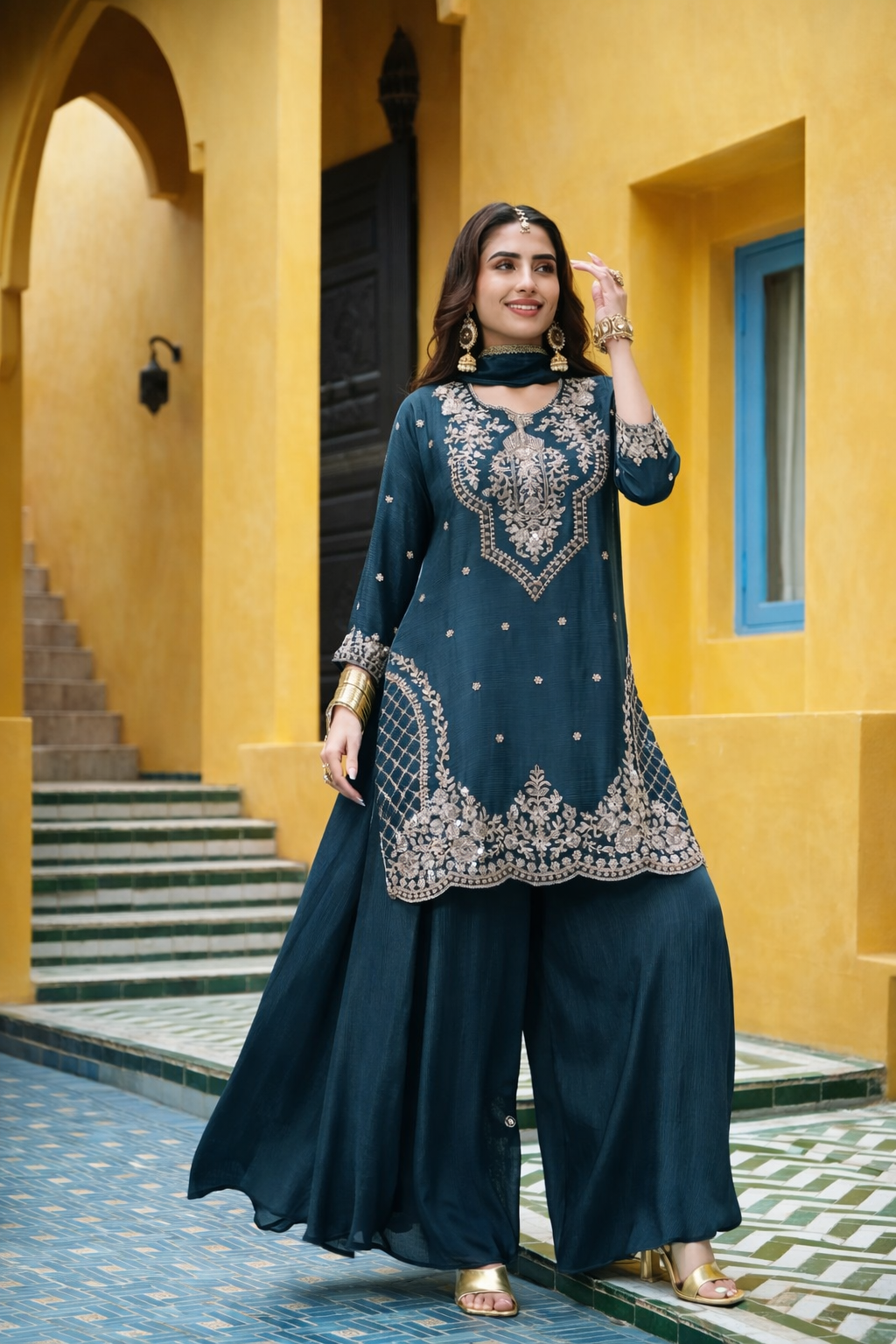 Teal Embroidered Palazzo Set