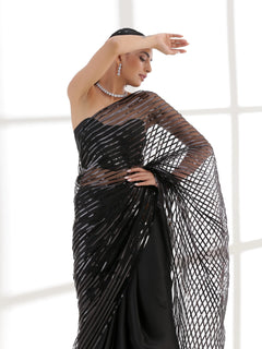 Midnight Black Sheer Striped Designer Saree with Stitched Blouse