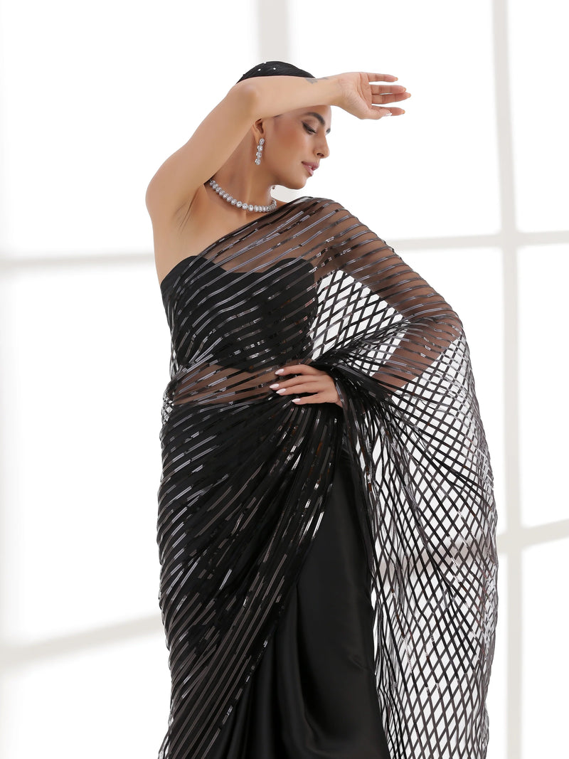 Midnight Black Sheer Striped Designer Saree with Stitched Blouse