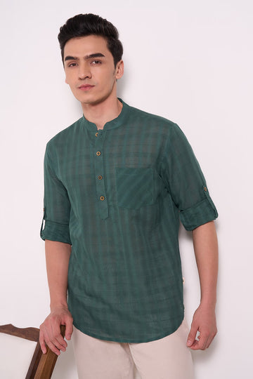 Teal Checked Cotton Casual Kurta Shirt Men