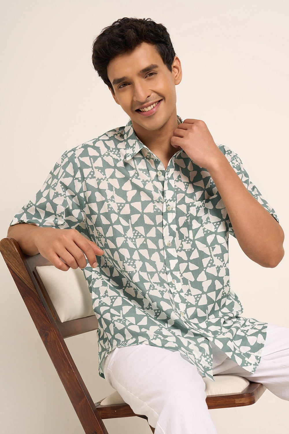 Teal Printed Regular Fit Casual Shirt Men