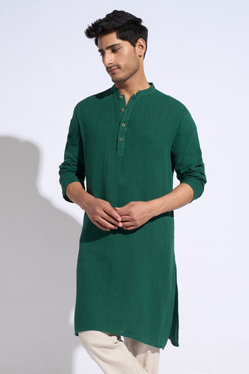 Teal Solid Knee Length Cotton Kurta Men