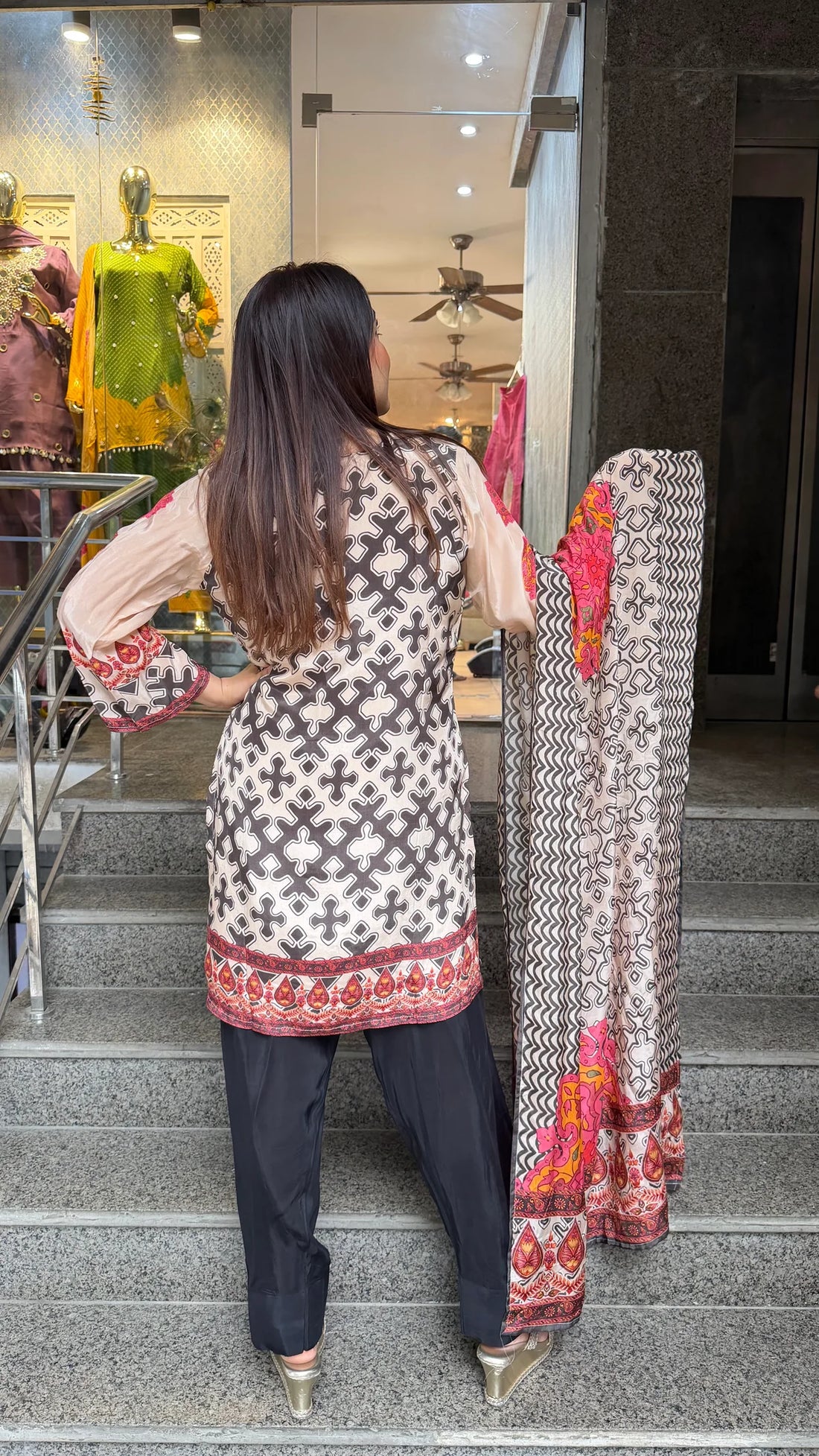 Cream & Black Printed Farshi Suit Set with Statement Dupatta