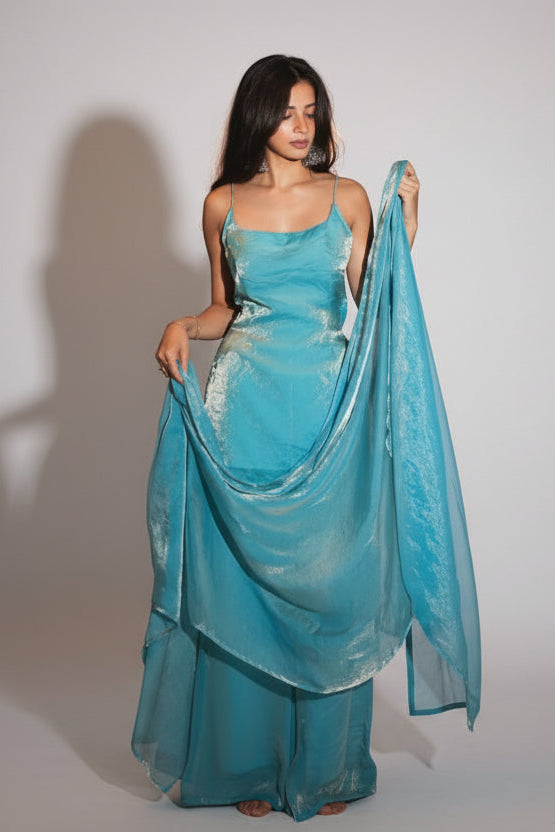 Aqua Sheen Evening Ensemble Dress Set