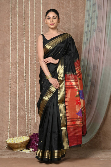 Tyohaar Black Handloom Pure Silk Paithani Saree