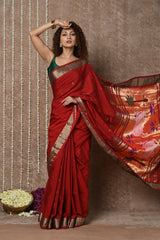 Tyohaar Maroon Handloom Pure Cotton Paithani Saree
