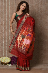 Tyohaar Maroon Handloom Pure Cotton Paithani Saree