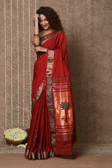 Tyohaar Maroon Handloom Pure Cotton Paithani Saree
