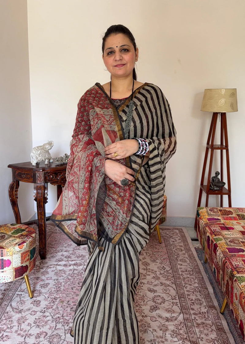 Handblock Kota Doria Striped Saree