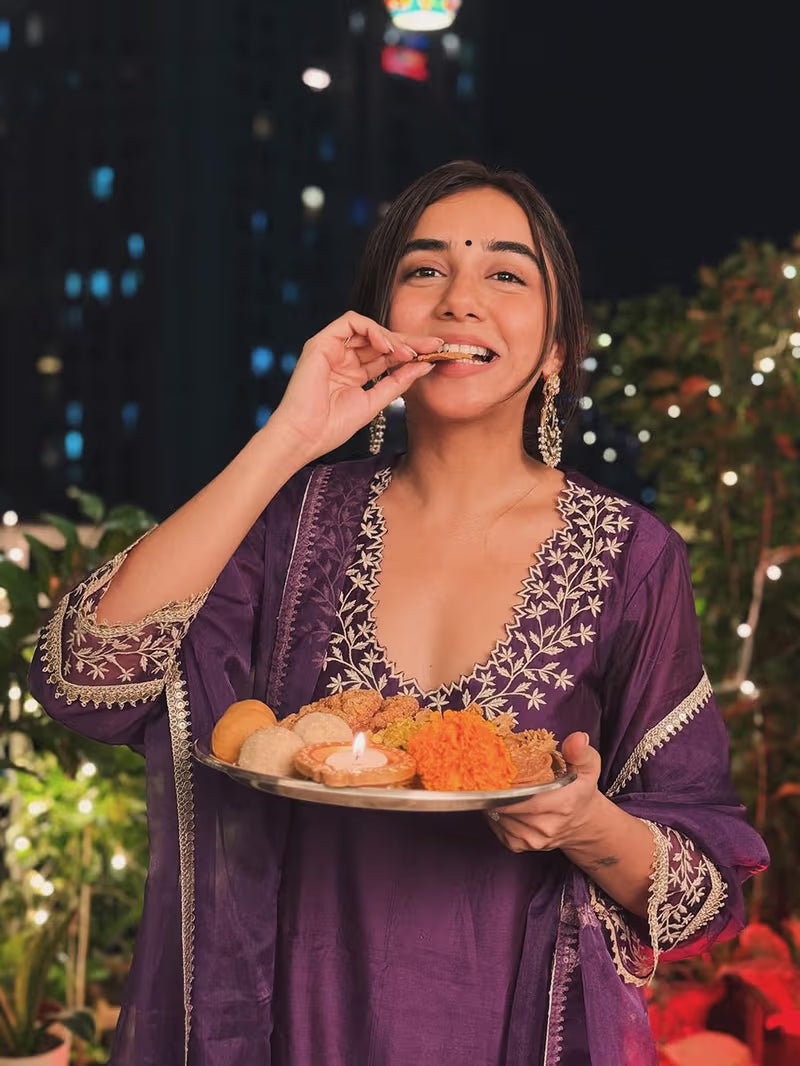 Purple Chanderi Embroidered Kurta with Pants Set