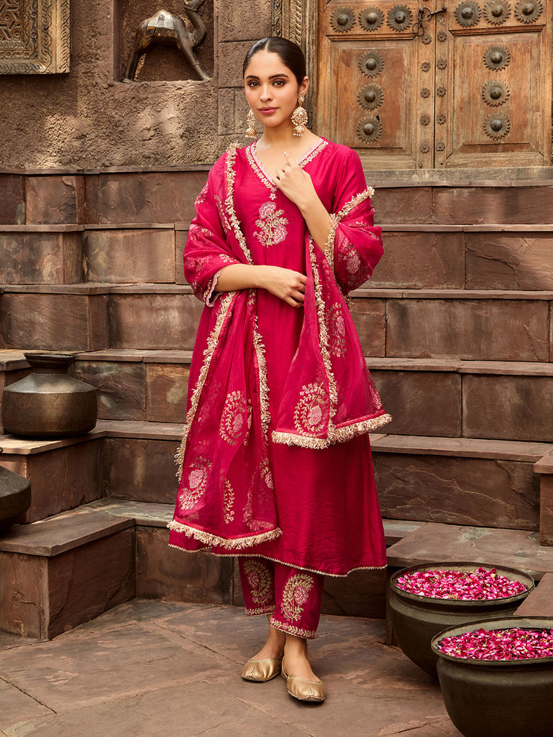 Chanderi Pink Kurta with Pants Embroidered Set