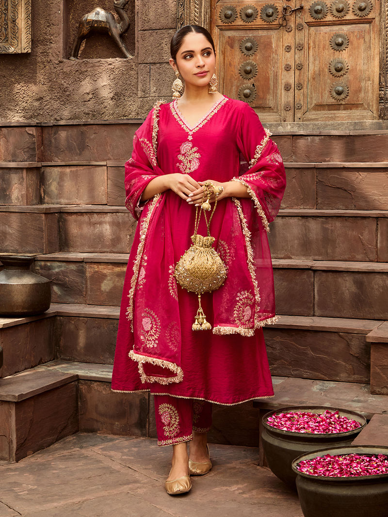Chanderi Pink Kurta with Pants Embroidered Set