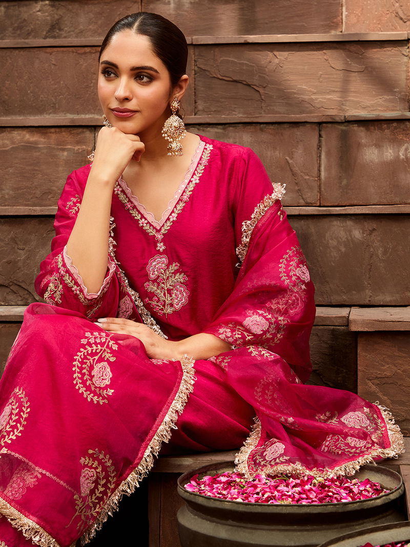 Chanderi Pink Kurta with Pants Embroidered Set