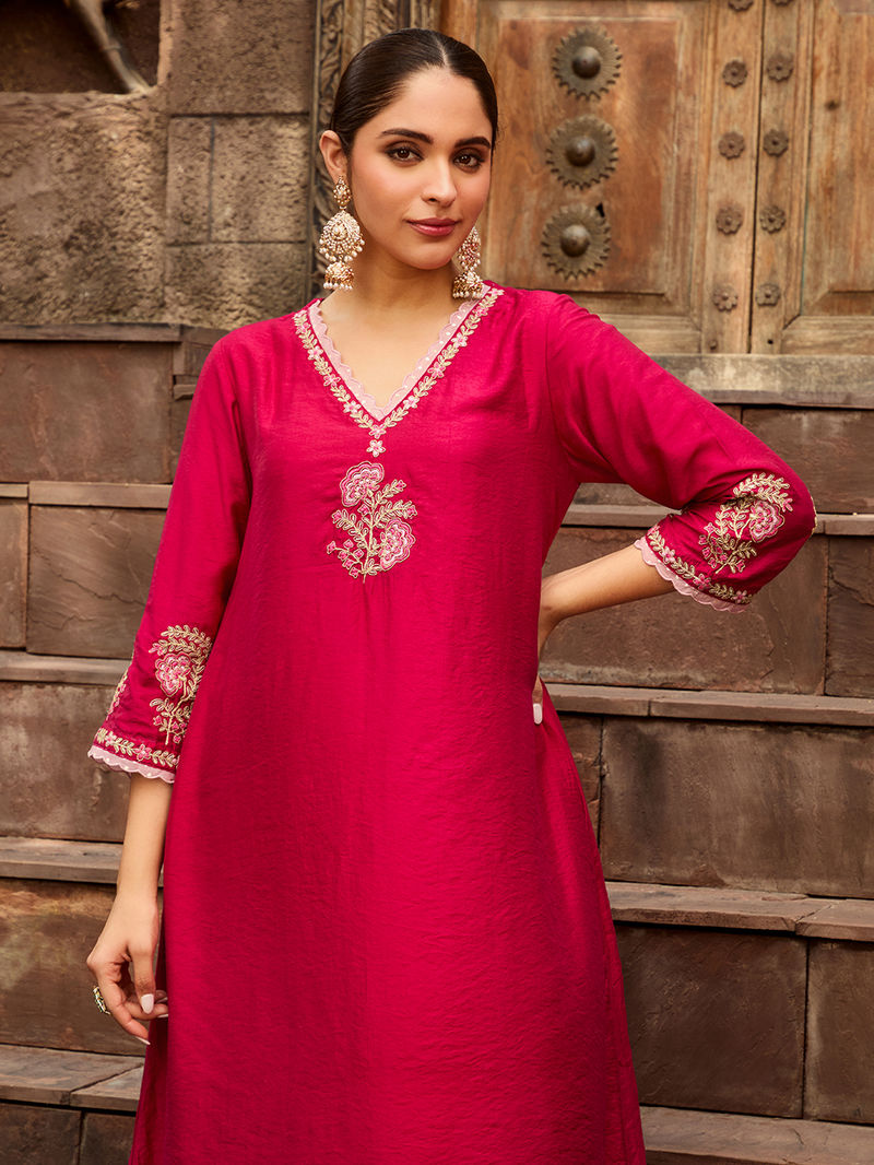 Chanderi Pink Kurta with Pants Embroidered Set