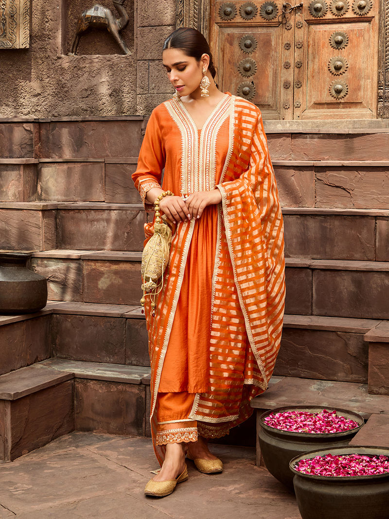 Gota Embroidered Orange Chanderi Kurta Pant Set