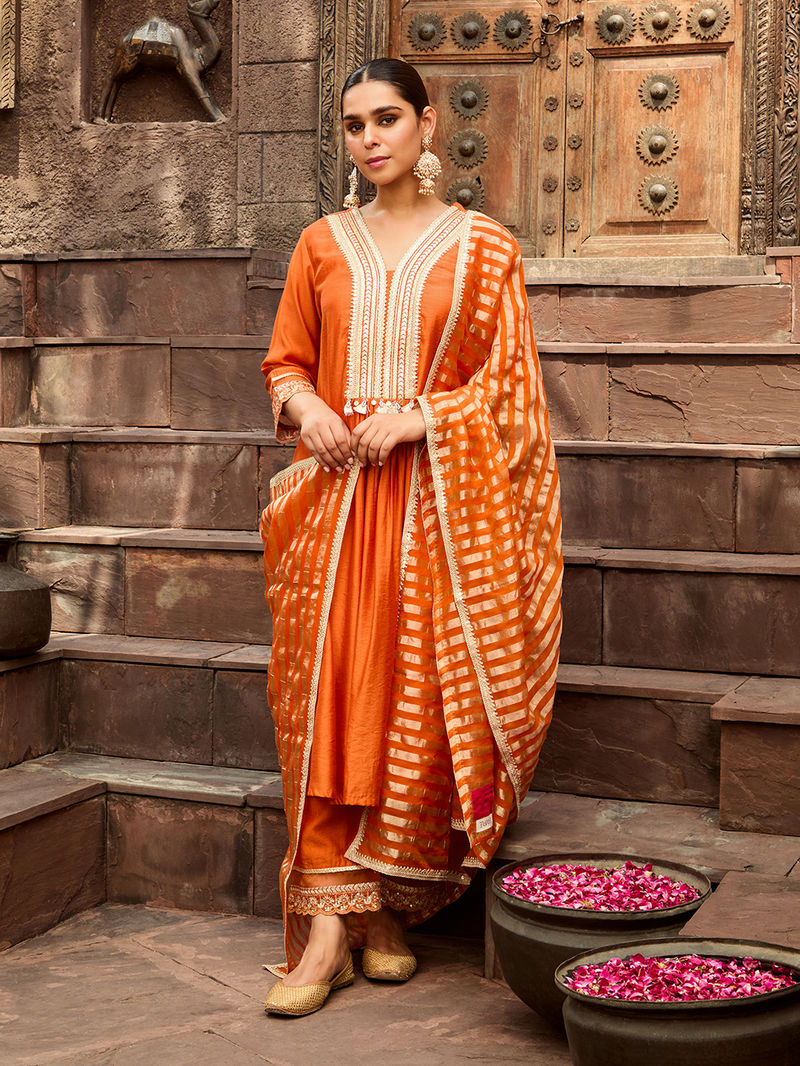 Gota Embroidered Orange Chanderi Kurta Pant Set