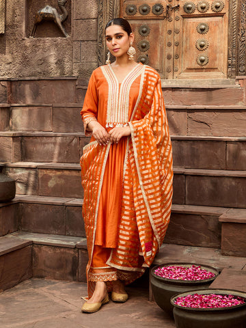 Gota Embroidered Orange Chanderi Kurta Pant Set