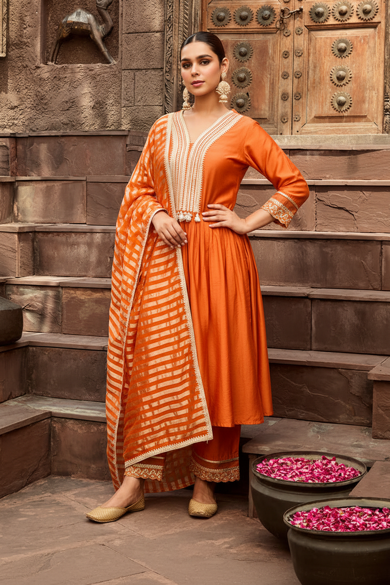 Orange Striped Organza Dupatta
